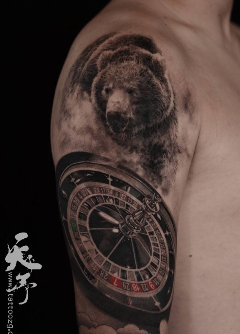 西安天予刺青写实作品纹身图片_成品手臂肩部欧美写实动物静物原创西安黑灰纹身图案