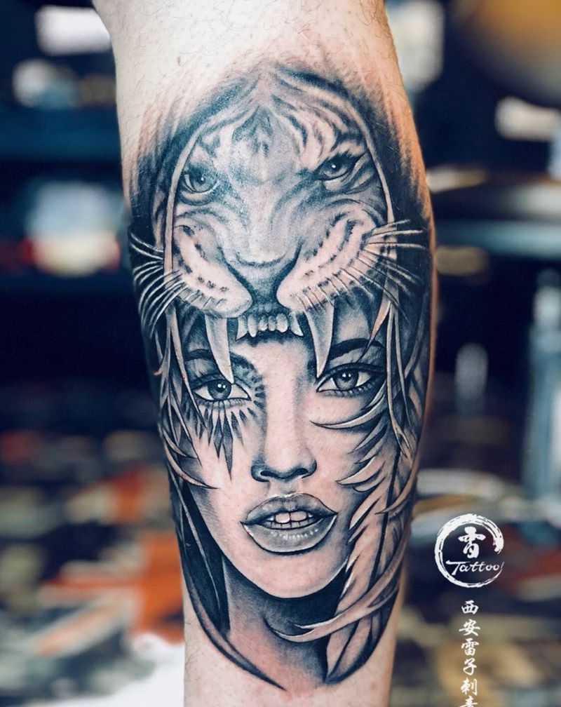 欧美写实虎女纹身图片