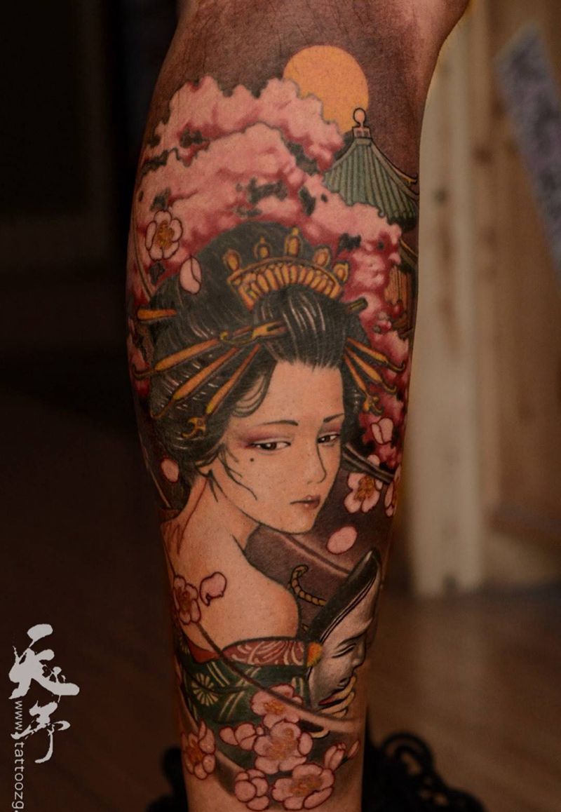 西安天予刺青传统作品纹身图片_成品腿部脚部传统人物原创西安黑灰彩色艺伎纹身图案