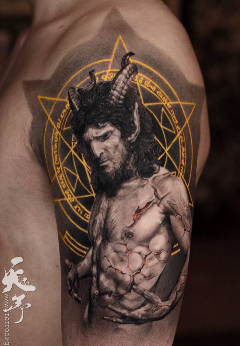 西安天予刺青写实作品纹身图片_成品手臂写实肖像欧美人物原创西安黑灰撒旦纹身图案
