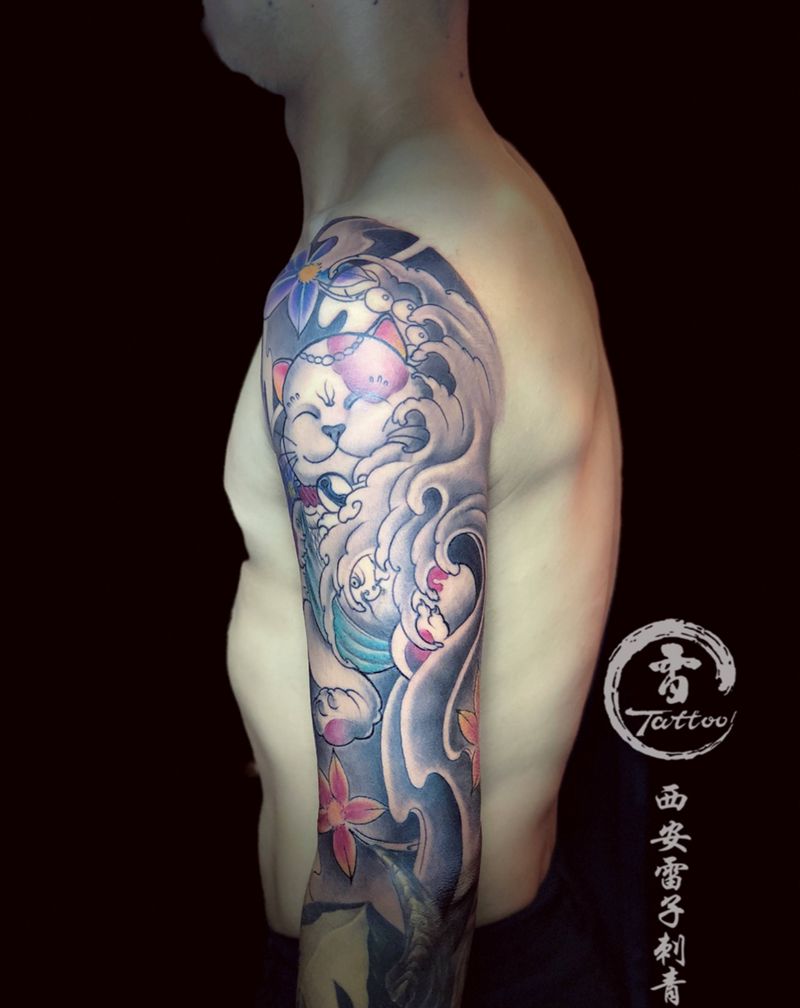 招财猫纹身图片_成品手臂传统动物纹身图案