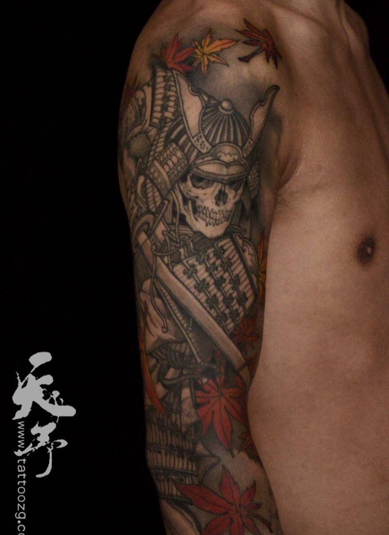 西安天予刺青传统作品纹身图片_成品手臂传统人物西安黑灰彩色武士纹身图案
