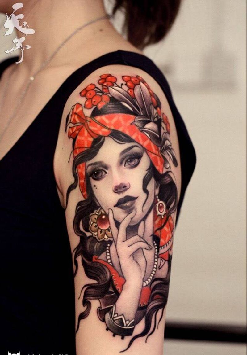 西安天予刺青彩色作品纹身图片_成品手臂手部欧美清新彩色西安人物原创纹身图案