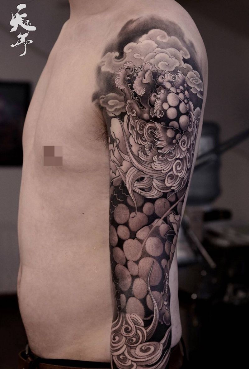 西安天予刺青传统作品纹身图片_新传统唐狮子纹身图案