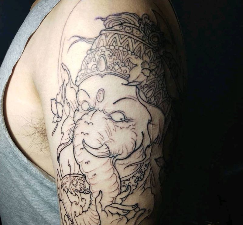 象神线条纹身图片_手臂新传统纹身图案