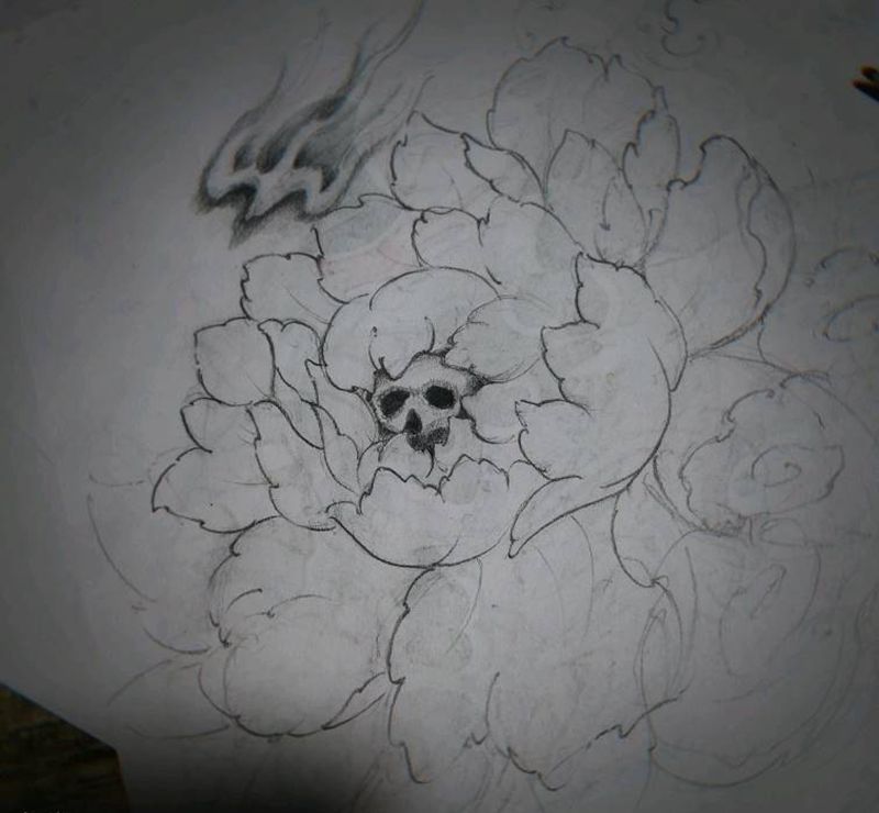 原创牡丹线稿 可彩色可黑灰纹身图片_手臂腿部新传统纹身图案