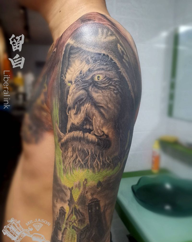 古尔丹纹身图片_手臂欧美写实古尔丹魔兽世界肖像纹身图案