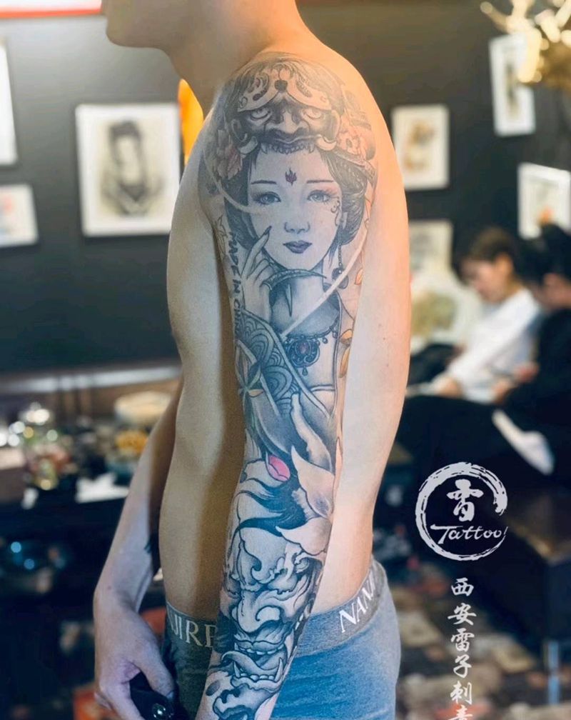 般若艺妓纹身图片_手臂般若，艺妓纹身图案