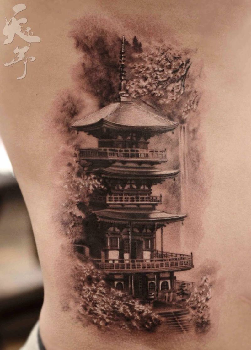 西安天予刺青黑灰作品纹身图片_成品腰部传统习俗写实宗教阁楼纹身图案