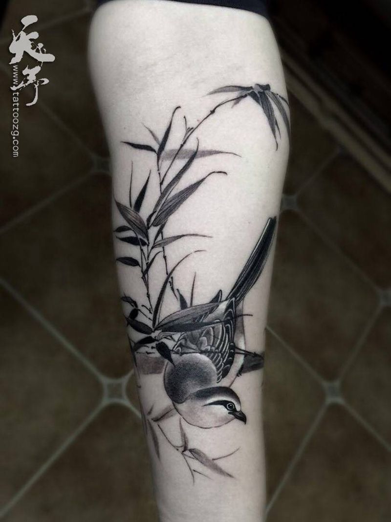 西安天予刺青黑灰作品纹身图片_成品手臂手部清新植物动物原创西安黑灰国画纹身图案