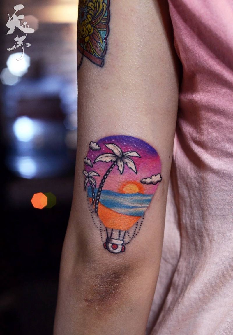 西安天予刺青彩色作品纹身图片_热气球纹身图案