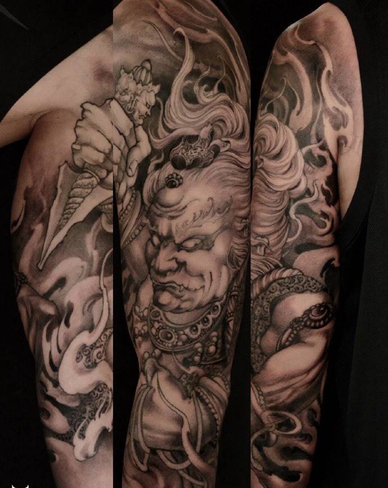 西安天予刺青传统作品纹身图片_不动明王成品西安黑灰鬼神原创宗教手部手臂传统纹身图案