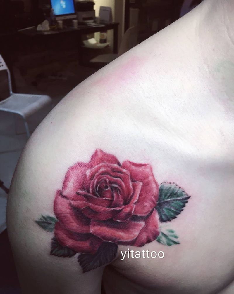 写实玫瑰，耗时两个小时纹身图片_成品植物写实原创西安义刺青肩部纹身图案