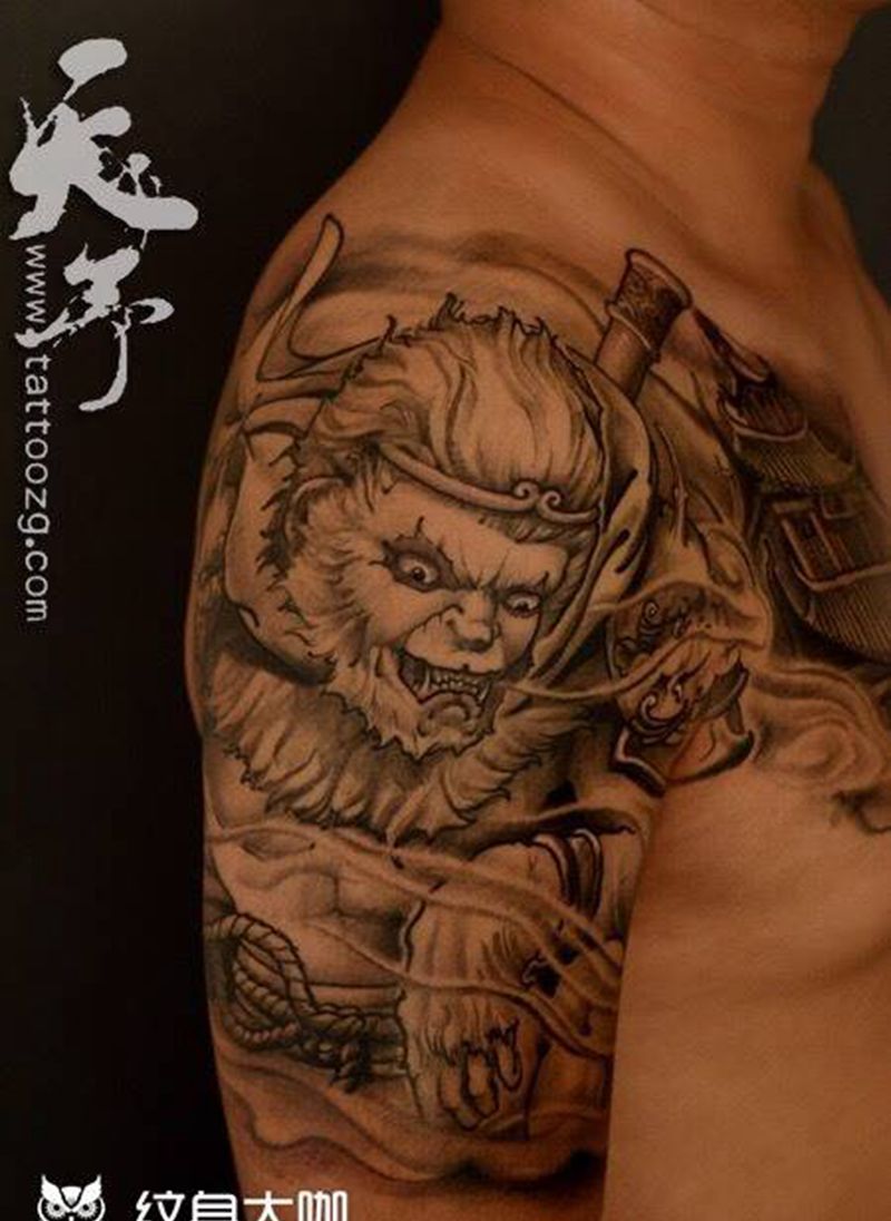 西安天予刺青传统作品纹身图片_孙悟空西安黑灰原创鬼神成品肩部手臂传统人物纹身图案