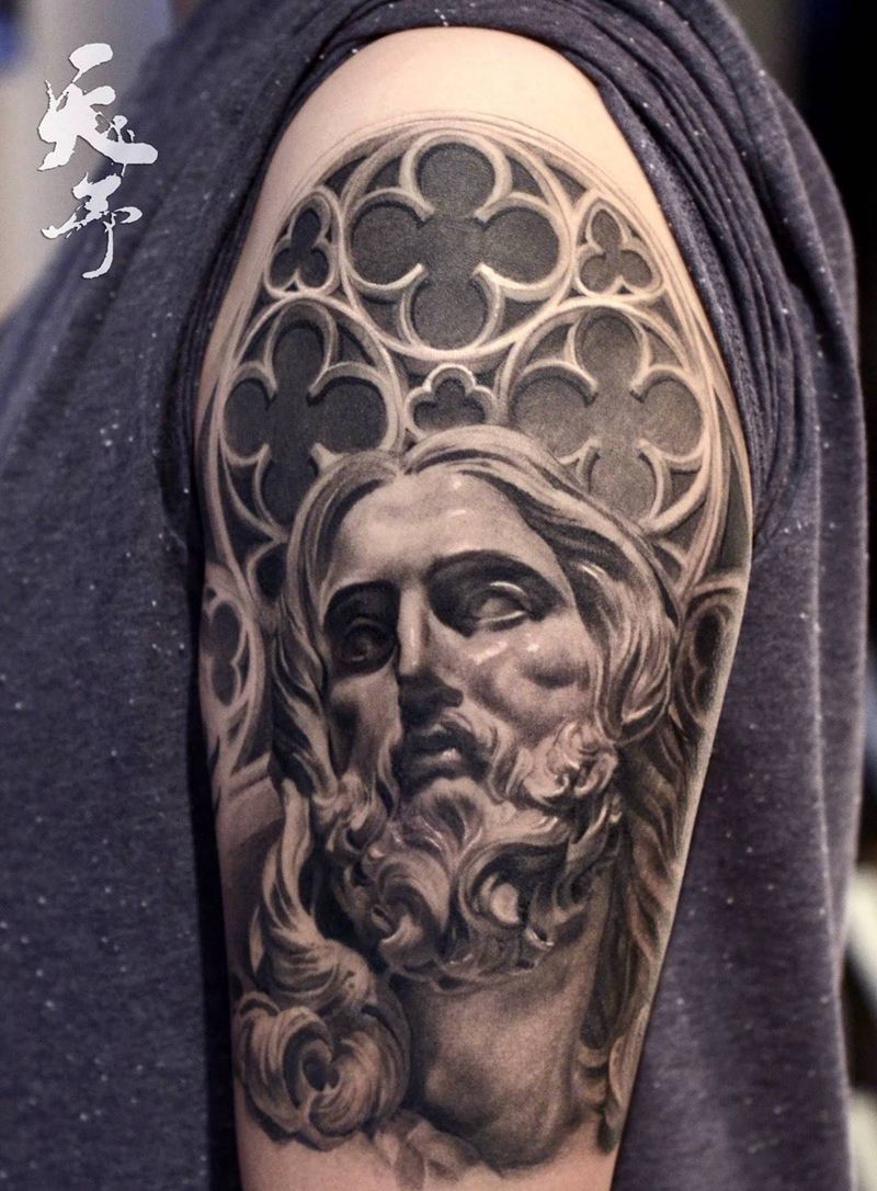 西安天予刺青写实作品纹身图片_西安黑灰雕塑写实肖像欧美原创成品手臂宗教纹身图案