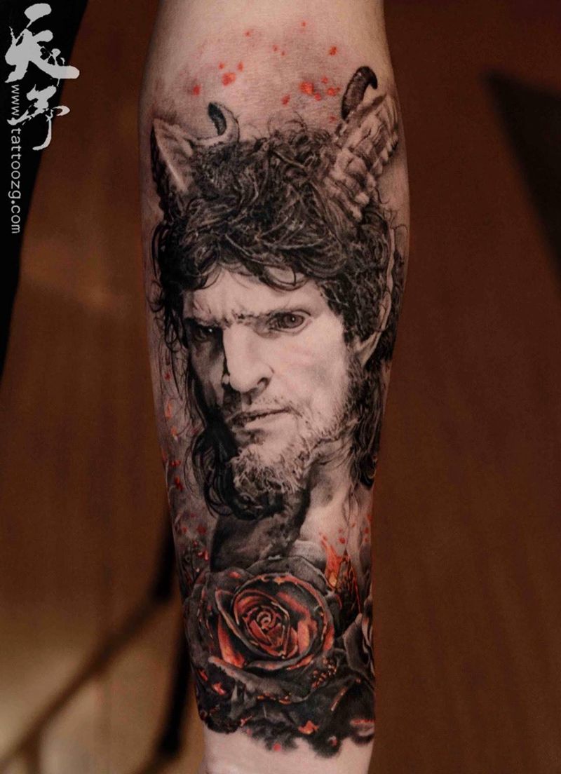 西安天予刺青写实作品纹身图片_成品手臂欧美写实肖像人物宗教西安黑灰撒旦纹身图案