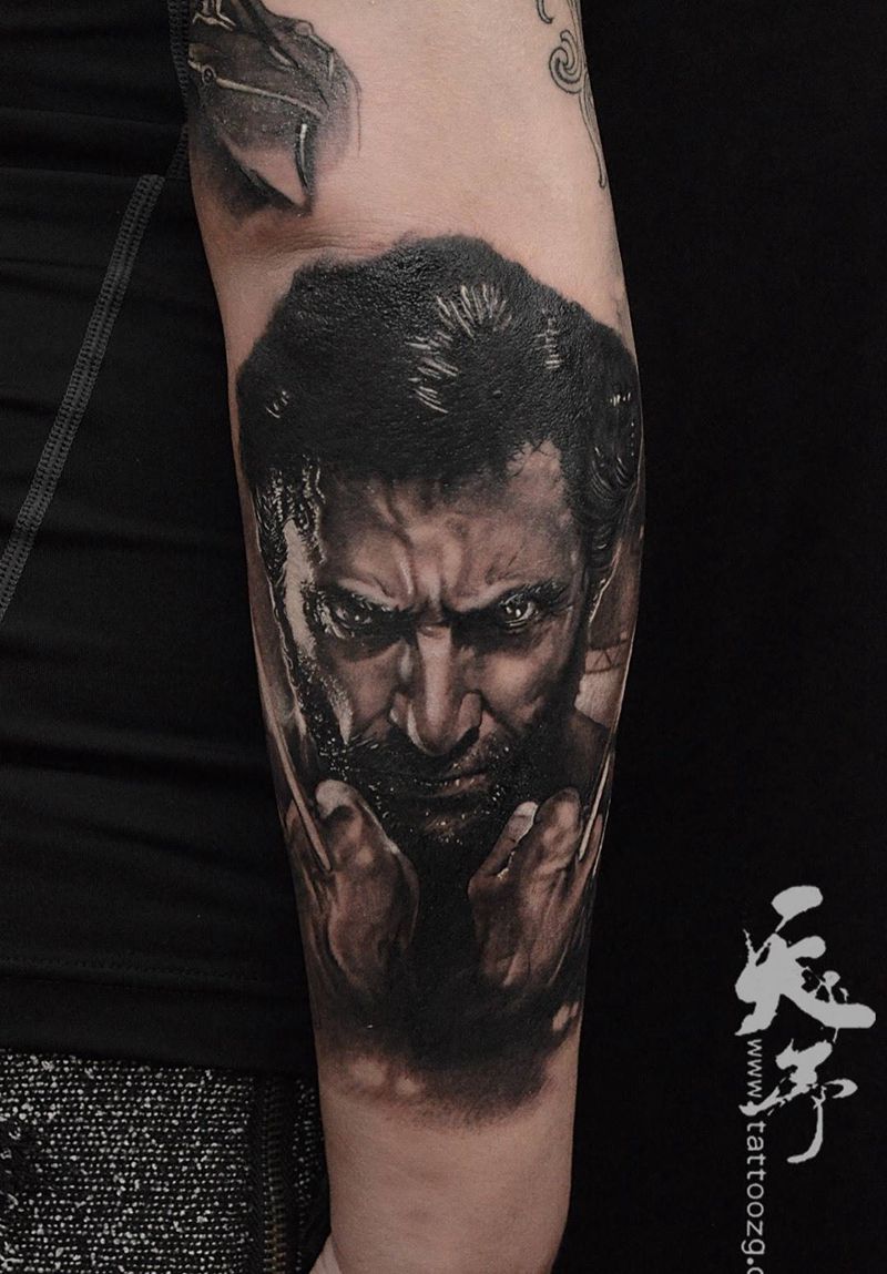 西安天予刺青写实作品纹身图片_成品手臂手部欧美肖像写实人物原创西安黑灰纹身图案