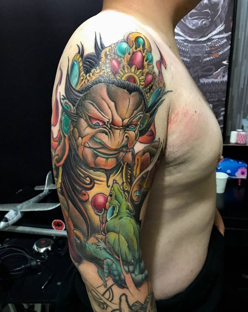 黄财神纹身图片_西安刺青西安西安改人物传统手臂手稿成品鬼神纹身图案