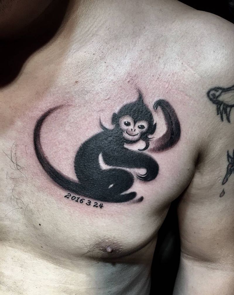 水墨猴纹身图片_小清新西安修改西安刺青动物原创成品纹身图案