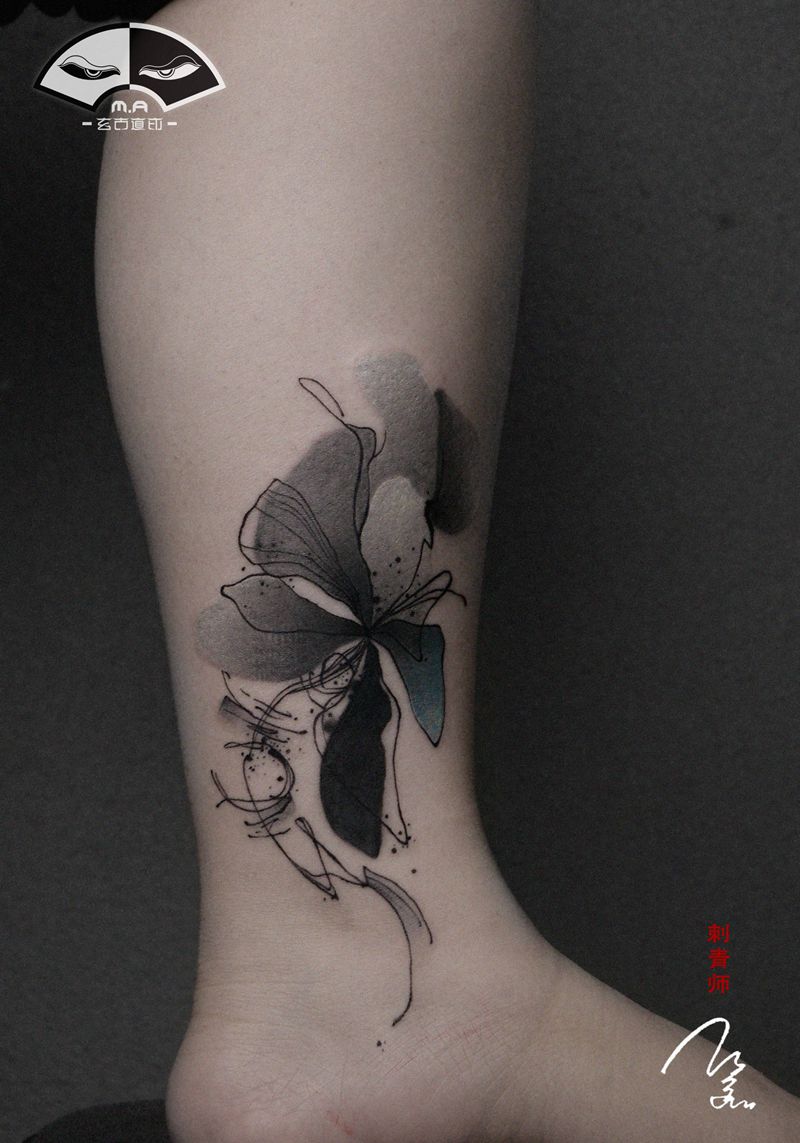 遮盖作品纹身图片_腿部水墨纹身图案