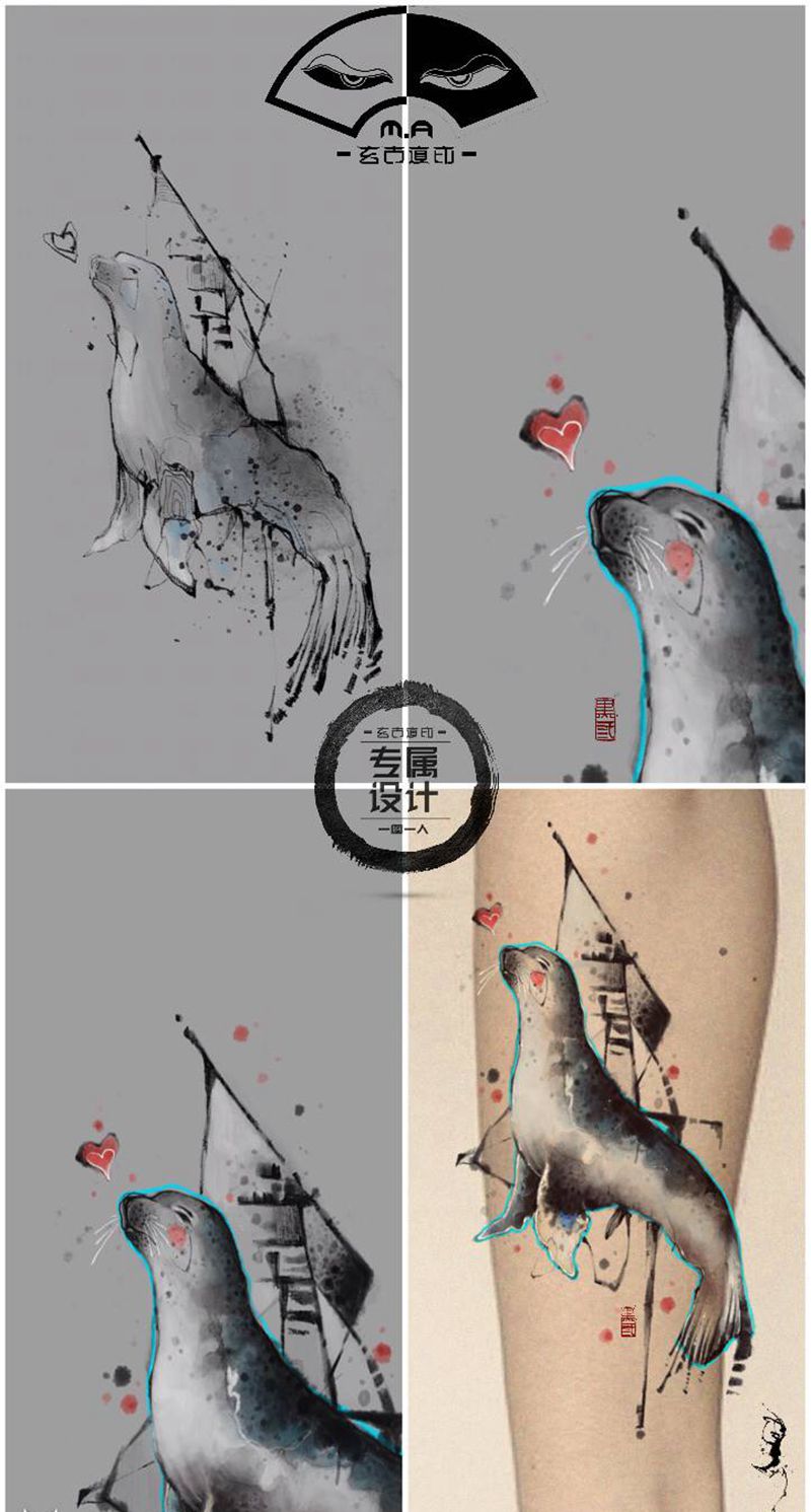 小海豹纹身图片_手臂腿部水墨纹身图案