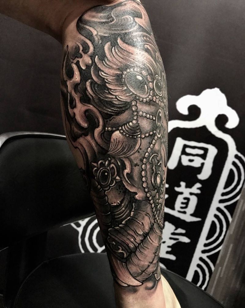 象神纹身图片_西安修改小鬼神动物原创腿部传统手稿插画纹身图案