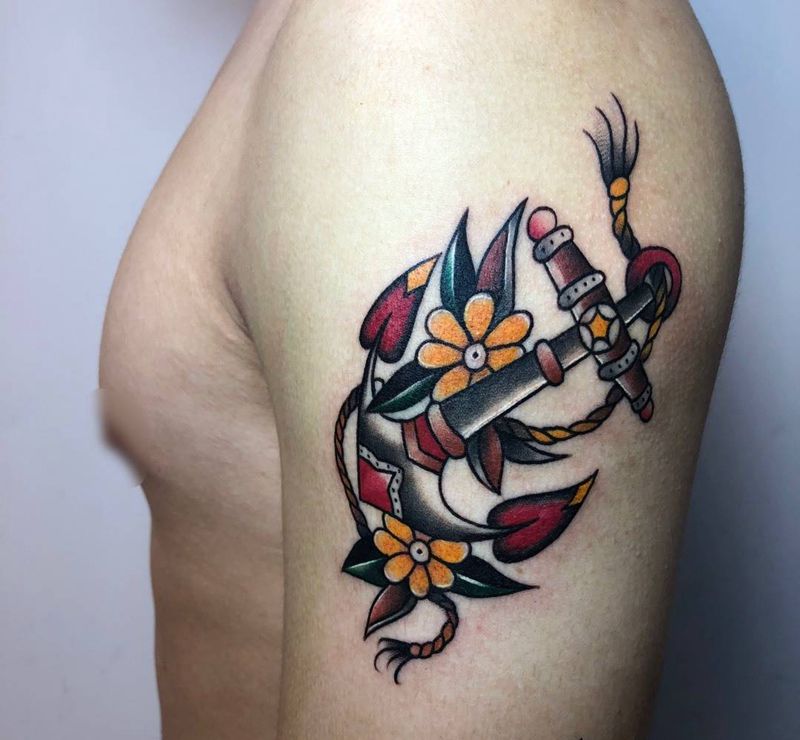 船锚纹身图片_手臂Old School彩色船锚纹身图案