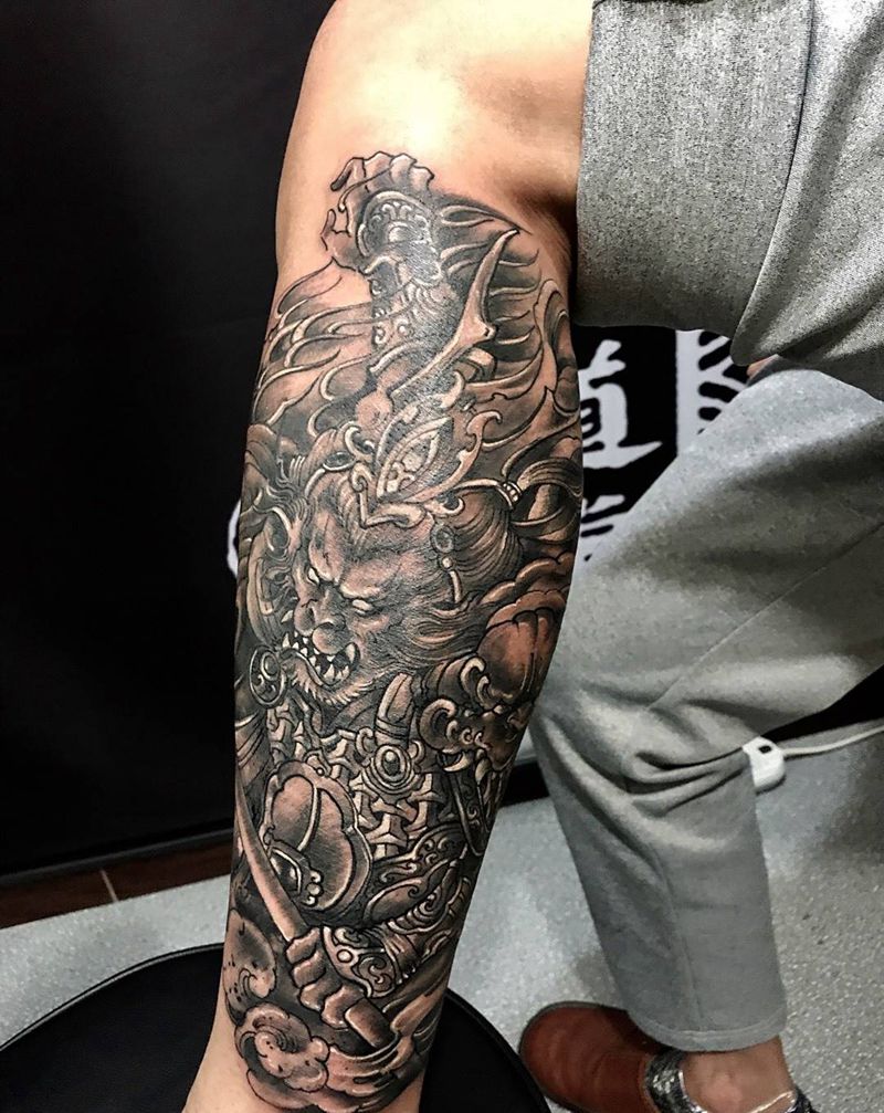 大圣归来纹身图片_西安刺青修改西安鬼神原创传统腿部手稿成品纹身图案