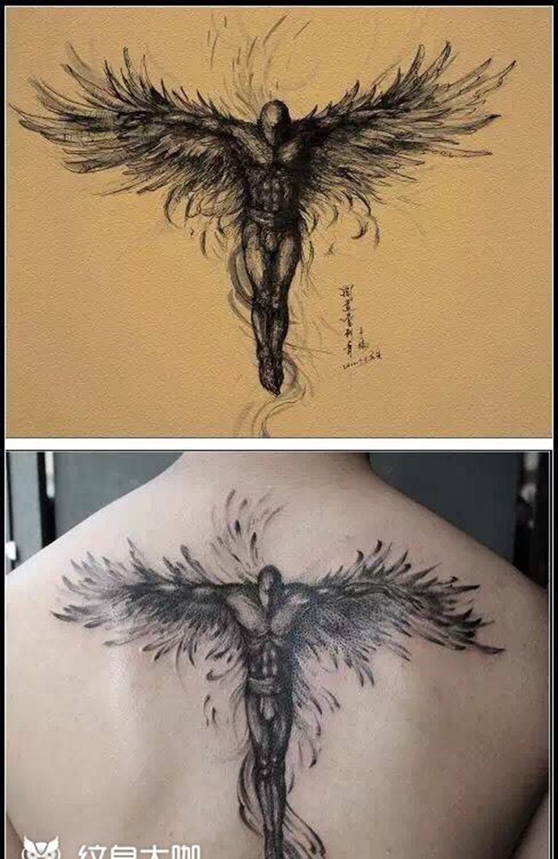 男天使纹身图片_欧美写实人物原创西安背部成品手稿纹身图案