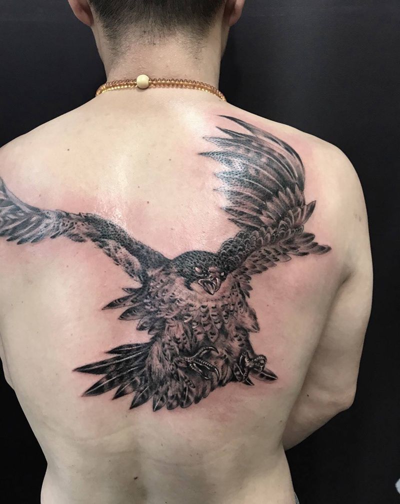 鹰隼纹身纹身图片_西安西安刺青动物原创欧美背部手稿成品纹身图案