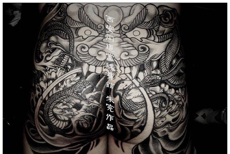 西安纹身#水门图花臀纹身纹身图片_西安西安刺青修改宗教动物鬼神原创传统臀部手稿纹身图案