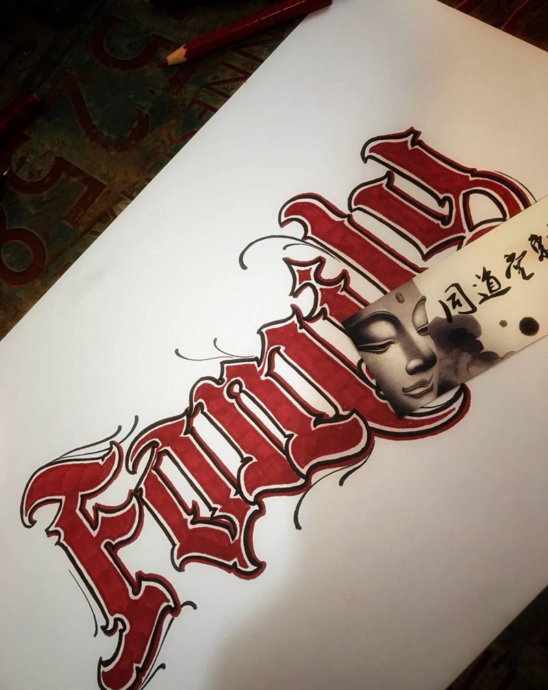 奇卡诺花体字设计纹身图片_成品手稿传统欧美图腾臀部胸部脚部纹身图案