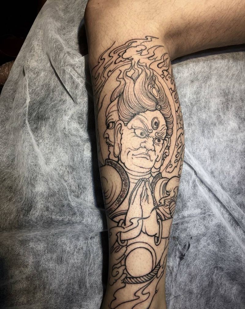 明王纹身纹身图片_成品手稿插画腿部传统写实原创鬼神宗教西安改纹身图案