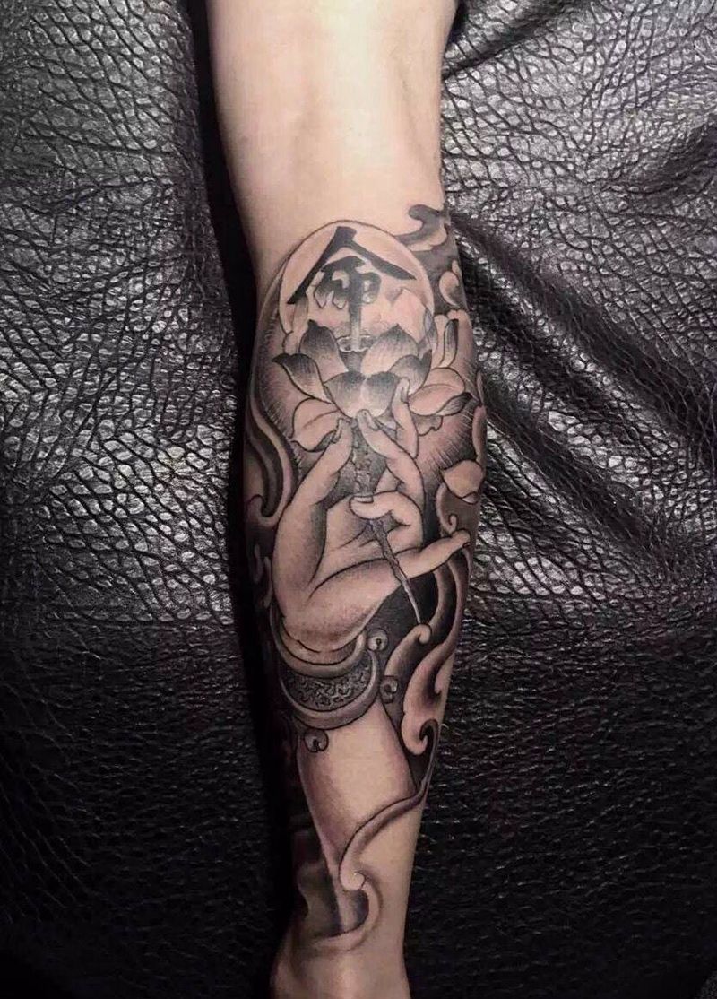 命归佛缘纹身图片_西安肖像人物宗教原创腿部成品手稿插画纹身图案