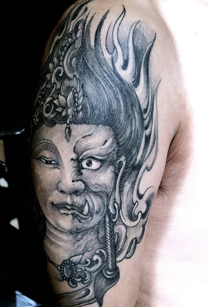 善恶一念纹身图片_人物宗教鬼神传统肩部成品手稿教学培训纹身图案