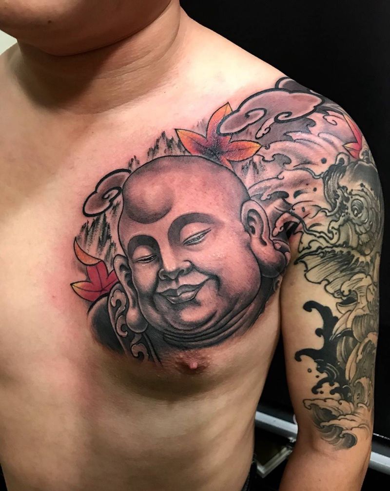 半胛弥勒纹身图片_修改西安刺青西安人物手稿成品传统国画纹身图案