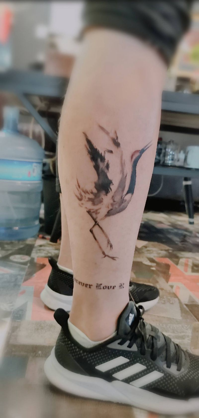 仙鹤纹身图片_腿部水墨花体字纹身图案