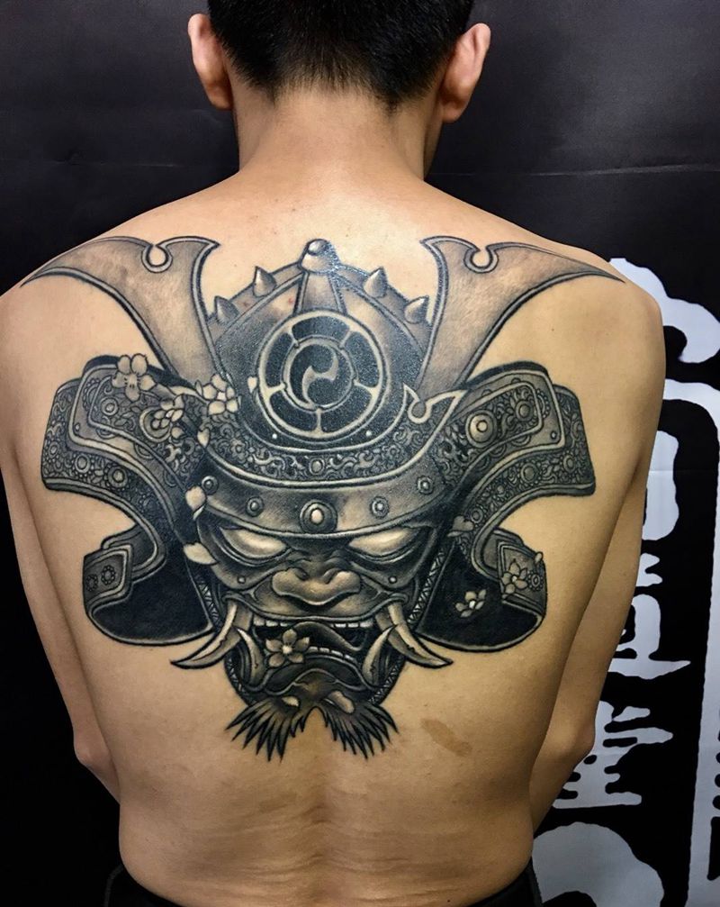 鬼武士纹身图片_成品手稿插画背部传统写实人物原创鬼神纹身图案