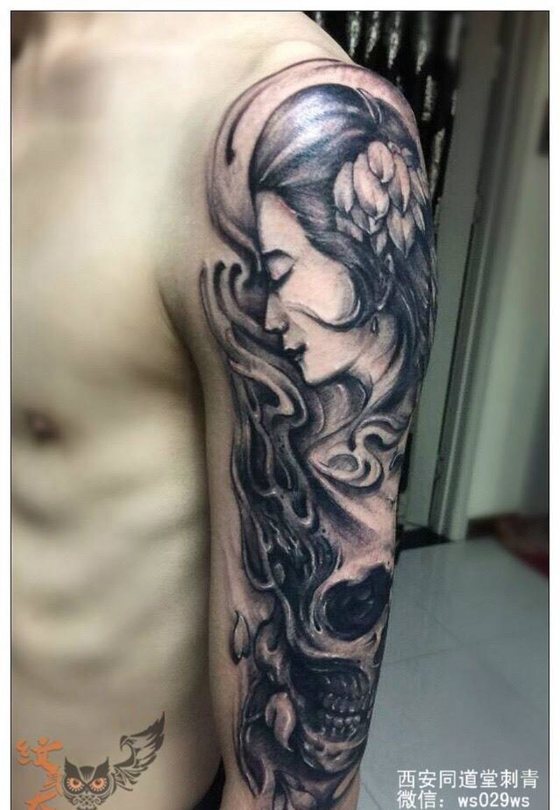 骷髅美女纹身纹身图片_写实肖像欧美传统动物人物宗教原创肩部手臂纹身图案