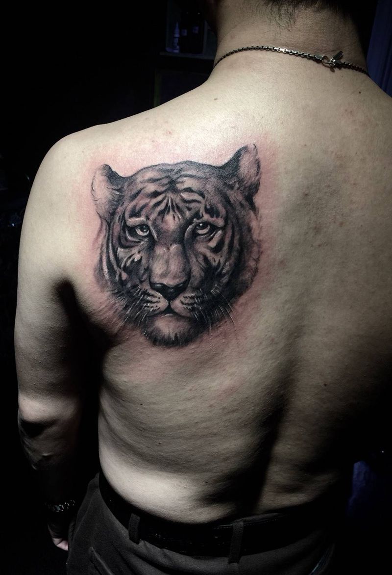 老虎纹身纹身图片_动物写实肩部手稿西安原创培训学纹身图案