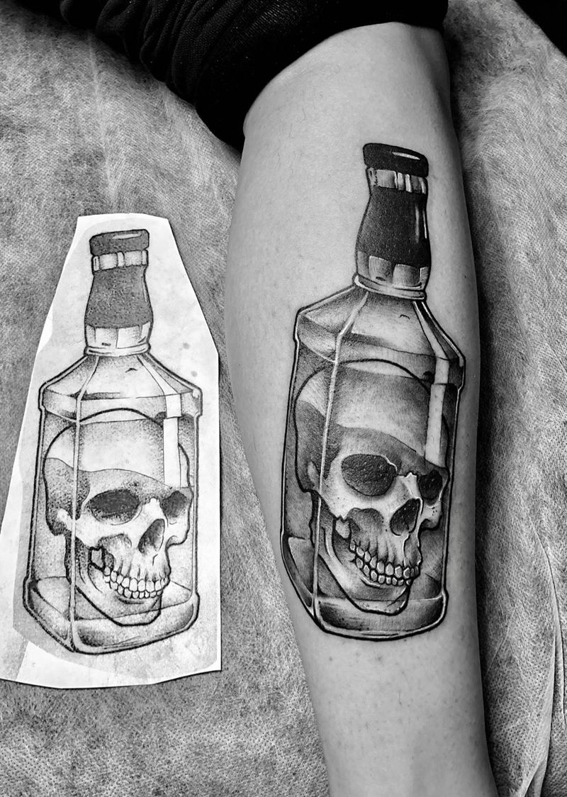 杰克丹尼骷髅酒纹身图片_西安刺青西安西安改动物传统欧美腿部成品手稿原创纹身图案
