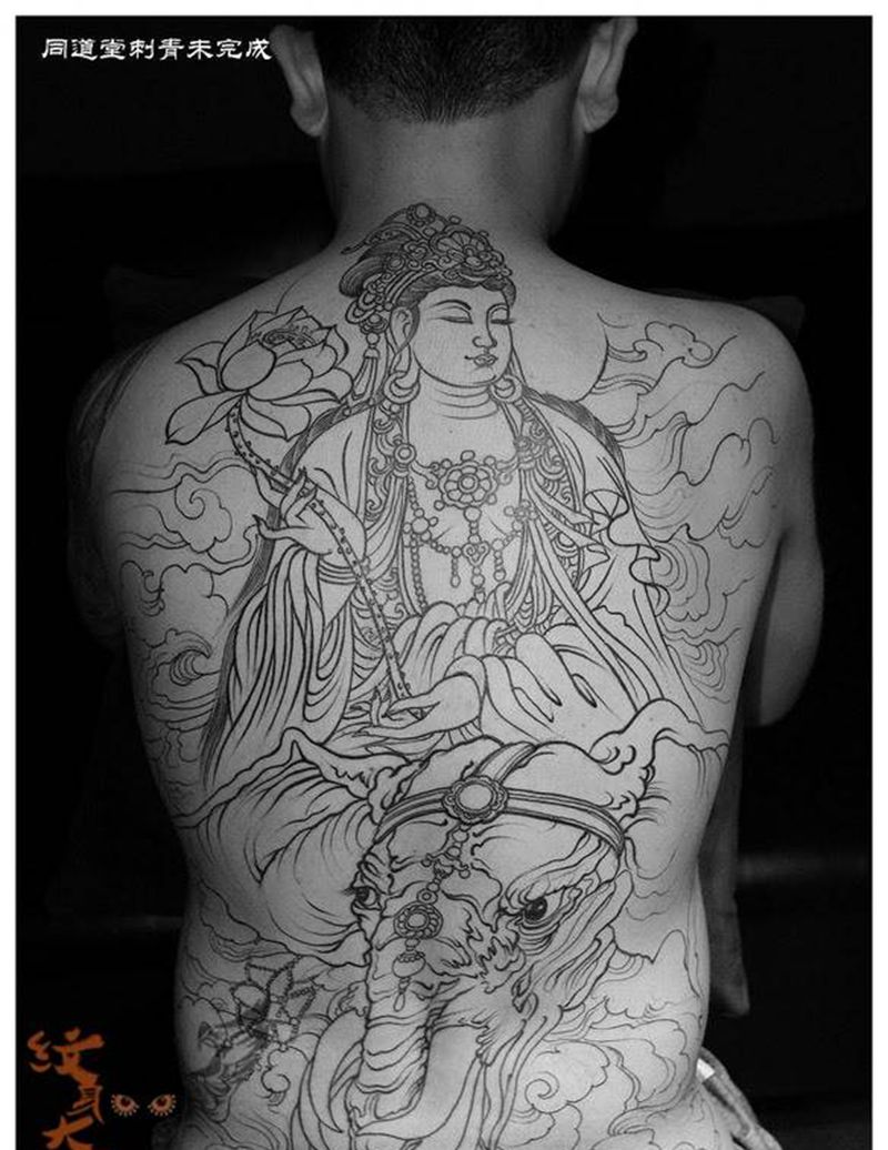 西安纹身#佛像纹身勾线纹身图片_传统肖像国画原创宗教背部胸部腿部纹身图案