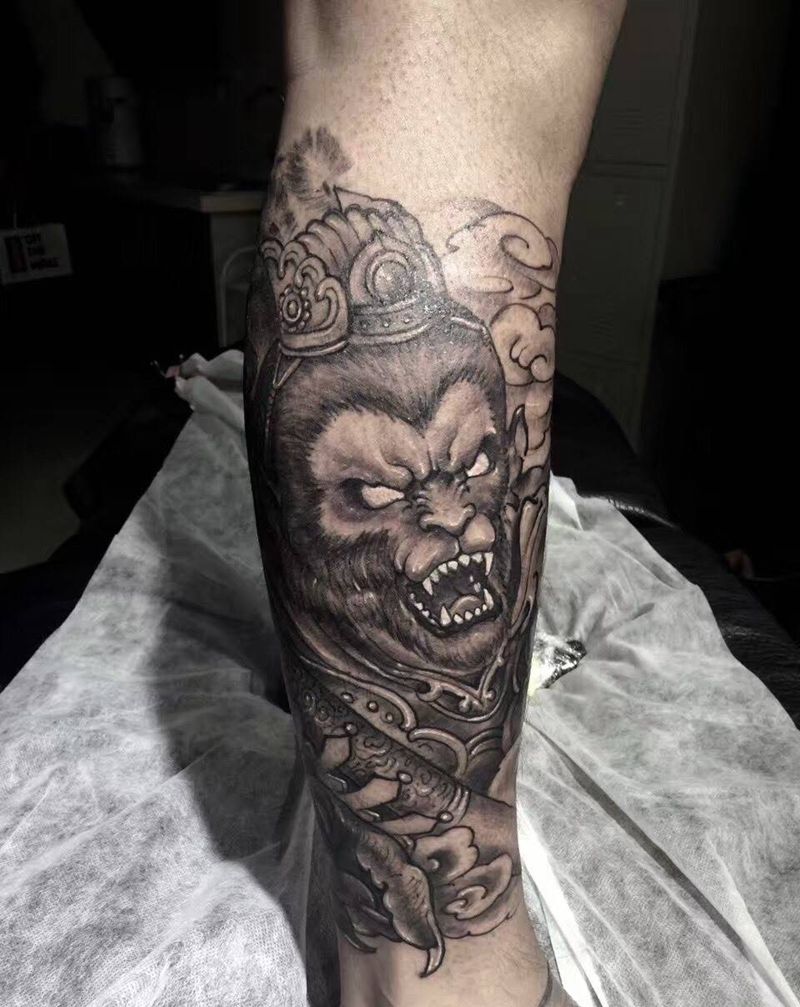 斗战圣佛纹身图片_成品手稿插画传统国画动物鬼神原创腿部纹身图案