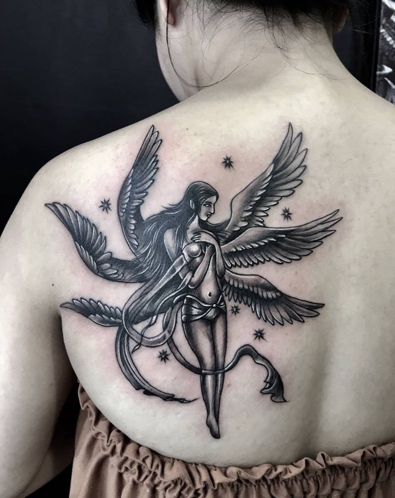 六翅天使纹身图片_西安刺青修改西安背部手稿成品欧美人物原创纹身图案