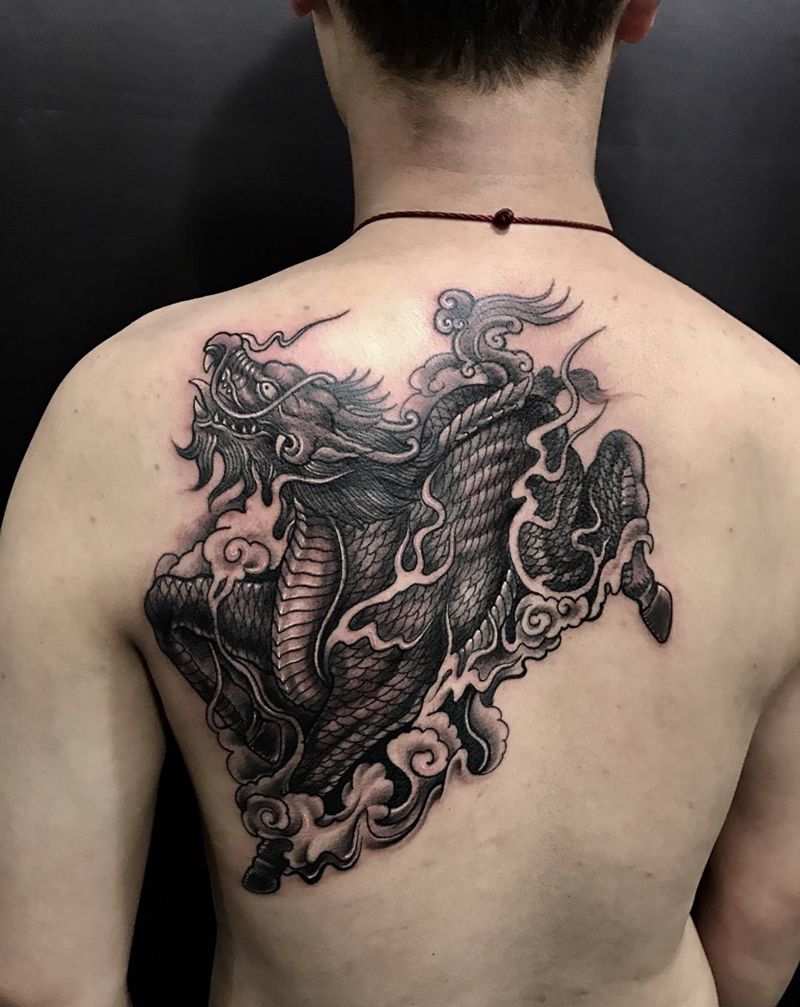 麒麟纹身图片_西安修改肖像动物鬼神原创背部成品手稿纹身图案