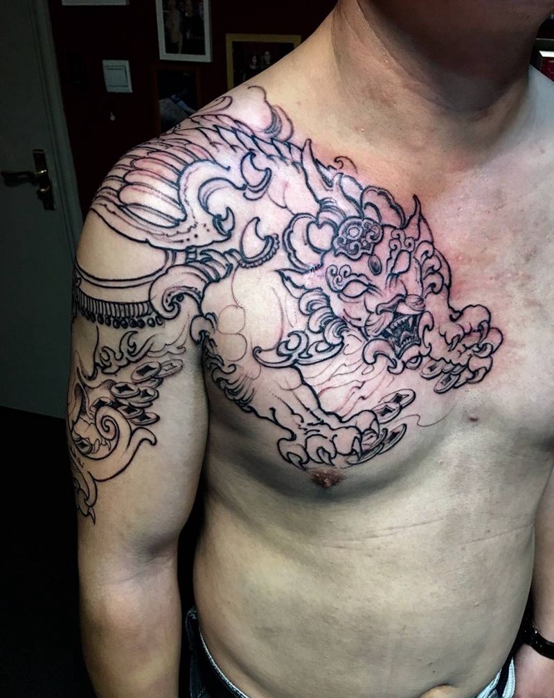 貔貅纹身纹身图片_西安成品手稿插画胸部肩部传统写实动物原创纹身图案