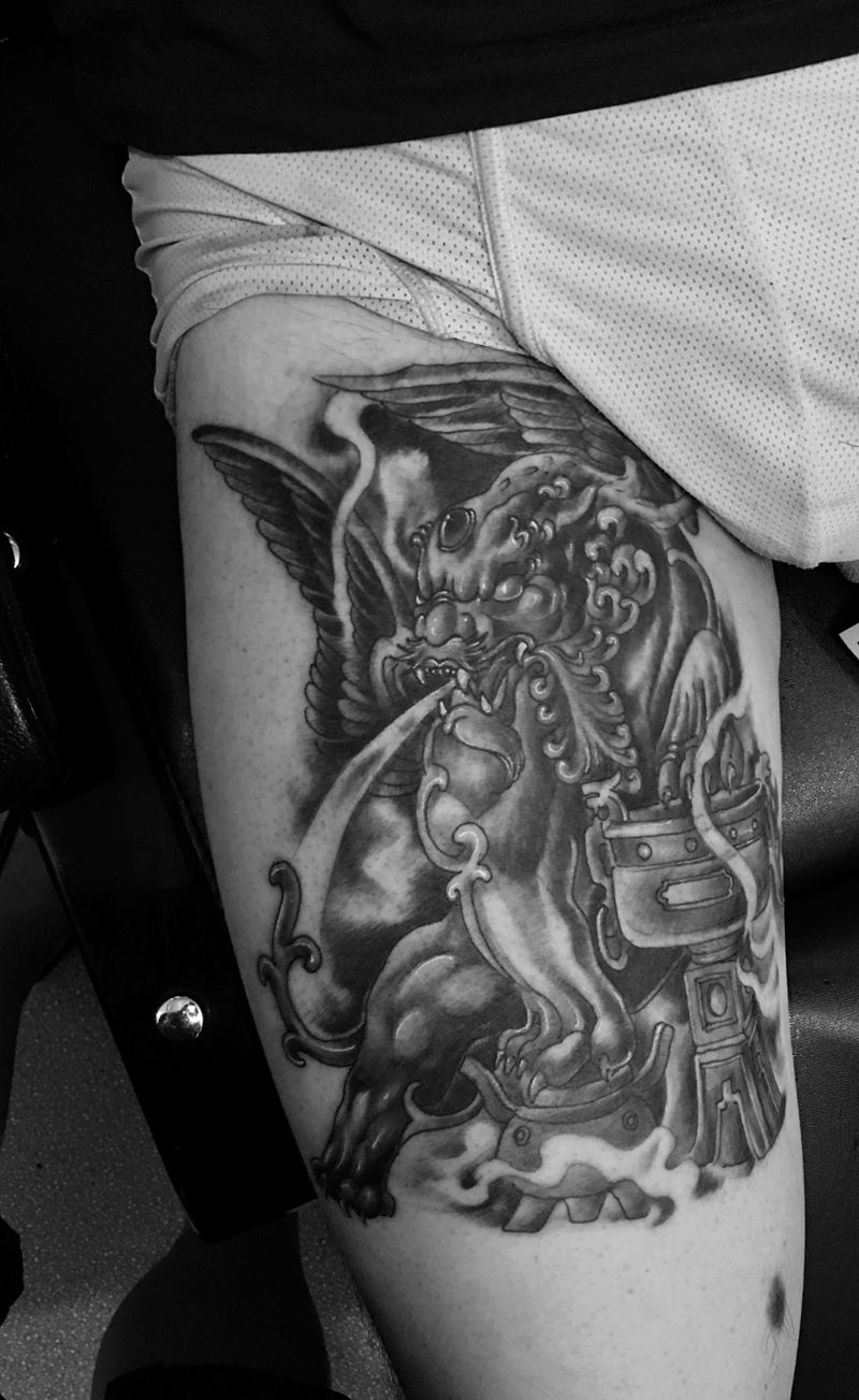 貔貅纹身纹身图片_成品手稿腿部传统写实动物图腾纹身图案