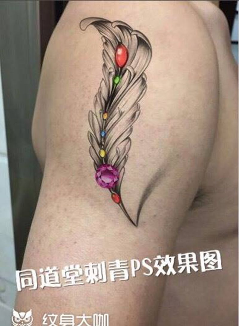 羽毛与文字纹身纹身图片_西安培训欧美清新原创背部肩部成品手稿纹身图案