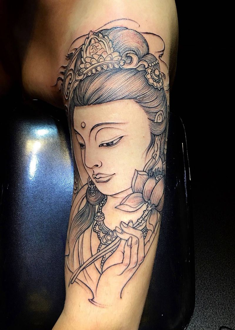 观音菩萨纹身图片_成品手稿肩部肖像传统写实国画鬼神宗教纹身图案