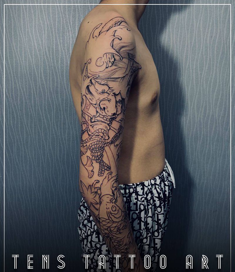 般若锦鲤花臂线纹身图片_手臂肩部新传统般若锦鲤鱼纹身图案